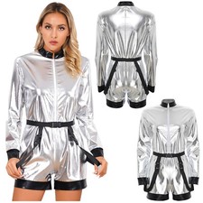 Women Jumpsuit Front Zipper Bodysuit Shiny Astronaut Costume Dress-Up Rompers