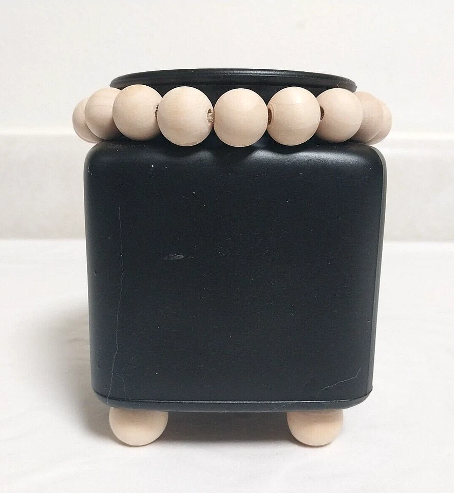 PAINTED GLASS VASE BLACK MATTE FOOTED W/ NATURAL WOOD BEADED TASSEL 5" T x 4" W - Image 3 of 4