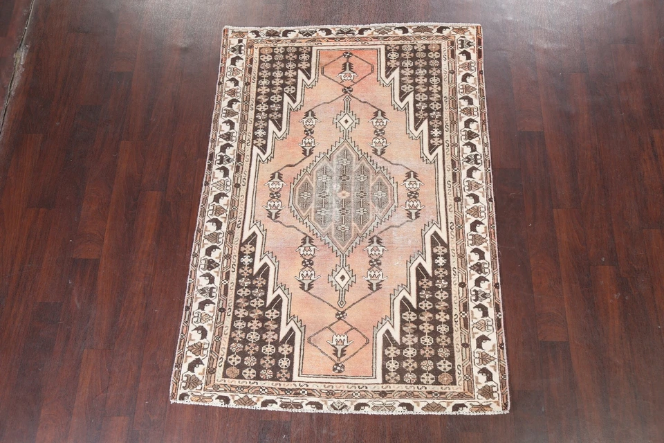 Antique Geometric Hamedan Hand-knotted Area Rug Muted Oriental Wool 4'x6' Carpet - Image 2 of 4
