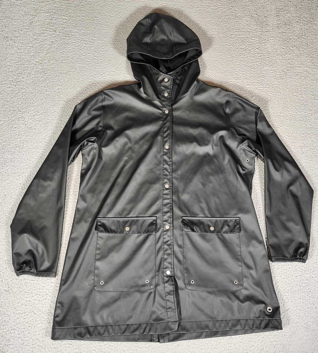 Herschel Rain Jacket XL Mens Black Hooded Snap Button Waterproof