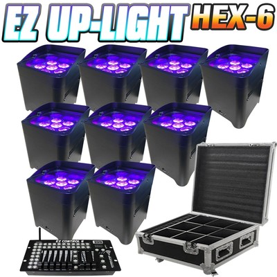 Led Battery Powered Wireless Dmx - 16 Hour - 9 Lights W/Case - 9X6W Rgbaw+Uv - W/ Easy Controller - Wedding Up Lights (619159944501)