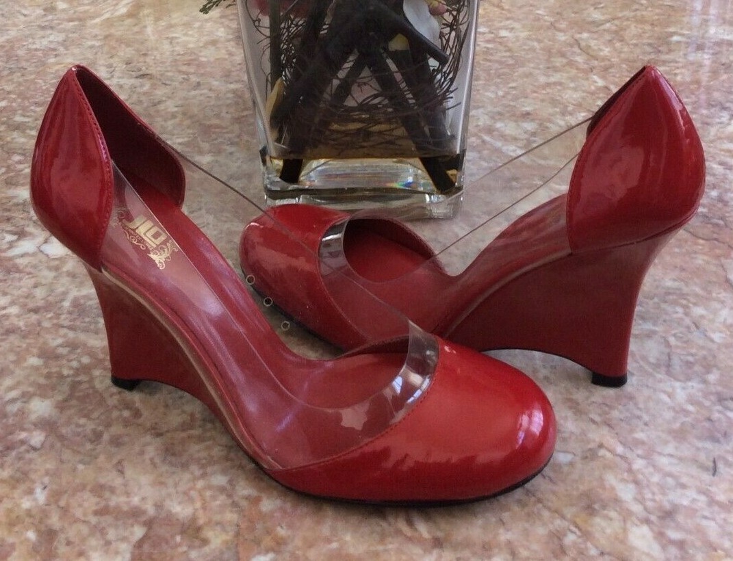 New JLO by Jennifer Lopez Women's Red Clear Patent Leather Wedge