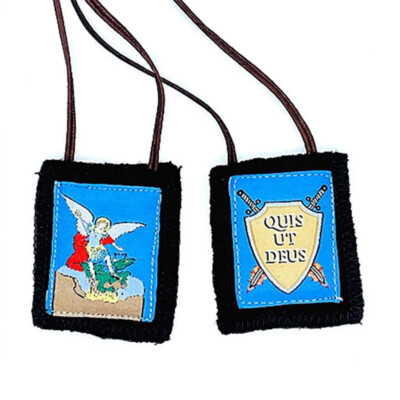 Archangel Saint St Michael, Brown Devotional Scapular 100% Wool Quis Ut Deus
