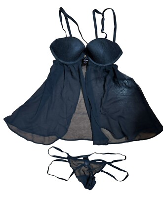 Victoria Secret Caged Lace Sheer Babydoll Push Up Thong Lingerie Set 34B Strappy