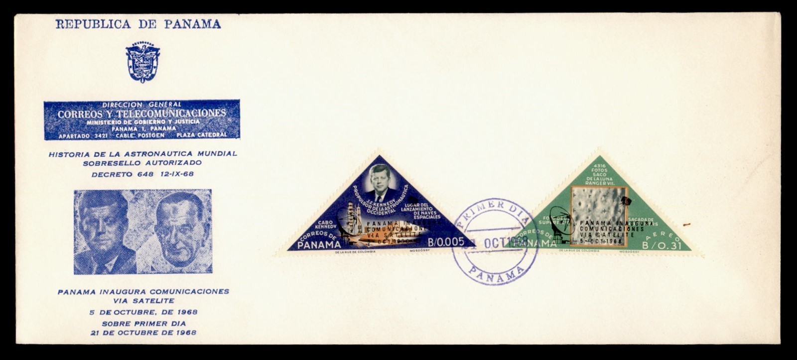 DR WHO 1968 PANAMA FDC SPACE JOHN F KENNEDY JFK TRIANGLE R81669