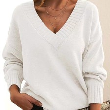 Women Long Sleeve Cozy Knitted Sweaters Ladies Knitwear V Neck Work Jumper Tops