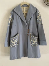 1940s Girls Blue Wool Chenille Appliqué Coat Jacket Bakelite Buttons AS IS VTG