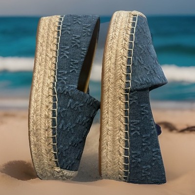 New Women Michael Kors Slip On Textile Denim Monogram Espadrille Shoes,7.5;  9