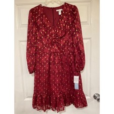 Red Flowy Dress Long Sleeve Ruffle Gold Print NEW London Times 10 Petite Short