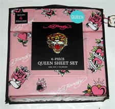Ed Hardy 6-Pc Pink Tattoo Death Before Dishonor Birds Roses Sheet Set NIP