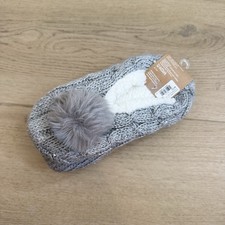 Ballerina Knit Pom Womens Plush Lined Cozy Non Slip Soft Slipper - Gray M/L New