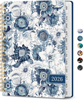 Agenda 2026 mensual semanal con pestanas tapa dura espiral floral azul 63 x 85