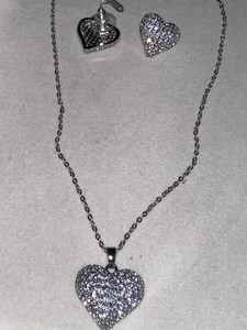 Silver Tone Heart Rhinestone & Crystal Love Necklace Pendant & Earrings Set