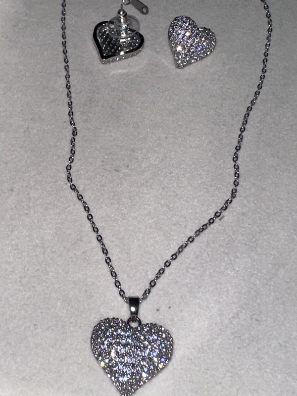 Silver Tone Heart Rhinestone & Crystal Love Necklace Pendant & Earrings Set