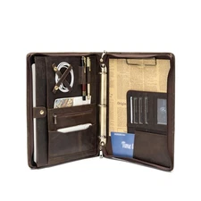 YIWEN Handmade Genuine Leather Portfolio, Zippered Padfolio with 3 Ring Binde...