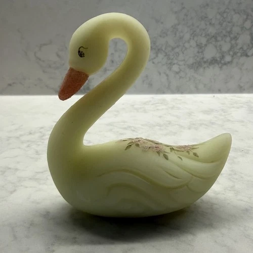 Vintage Fenton Satin Custard Signed Hand Painted Floral Glass Swan Figurine