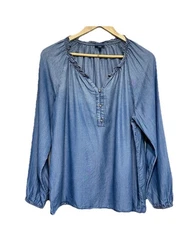 J. Jill Denim Tencel Blue Chambray Ruffle Neck Peasant Top Blouse SIze M Popover