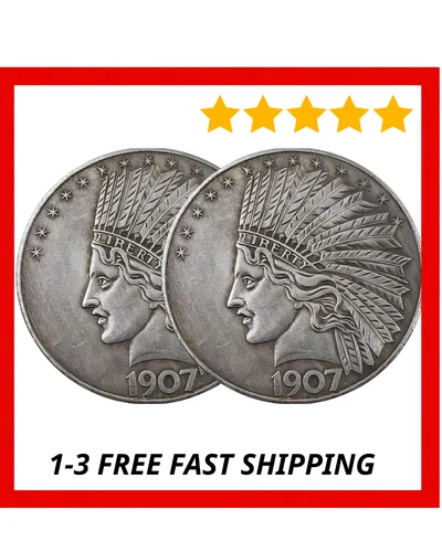 2PCS 1907 Antique Liberty Indian Head $10 Dollar Coin, Uncirculated Morgan Silve