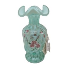 Fenton Diamond Optic Blush Rose Trellis Opaline Pinch Vase Painted By L Emerson
