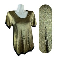 Townsen Top Womens M Black Gold Metallic Stretchy Dressy Short Sleeve Round Neck