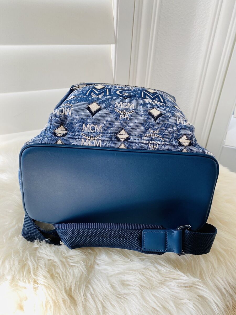 NWT MCM Small Stark Vintage Jacquard Monogram Canvas Leather Backpack Blue  $1150