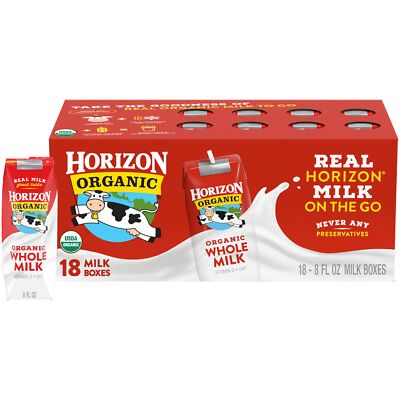 Horizon Organic Whole Milk Boxes 8 Fl Oz Pack of 18 USDA Organic Shelf Stable