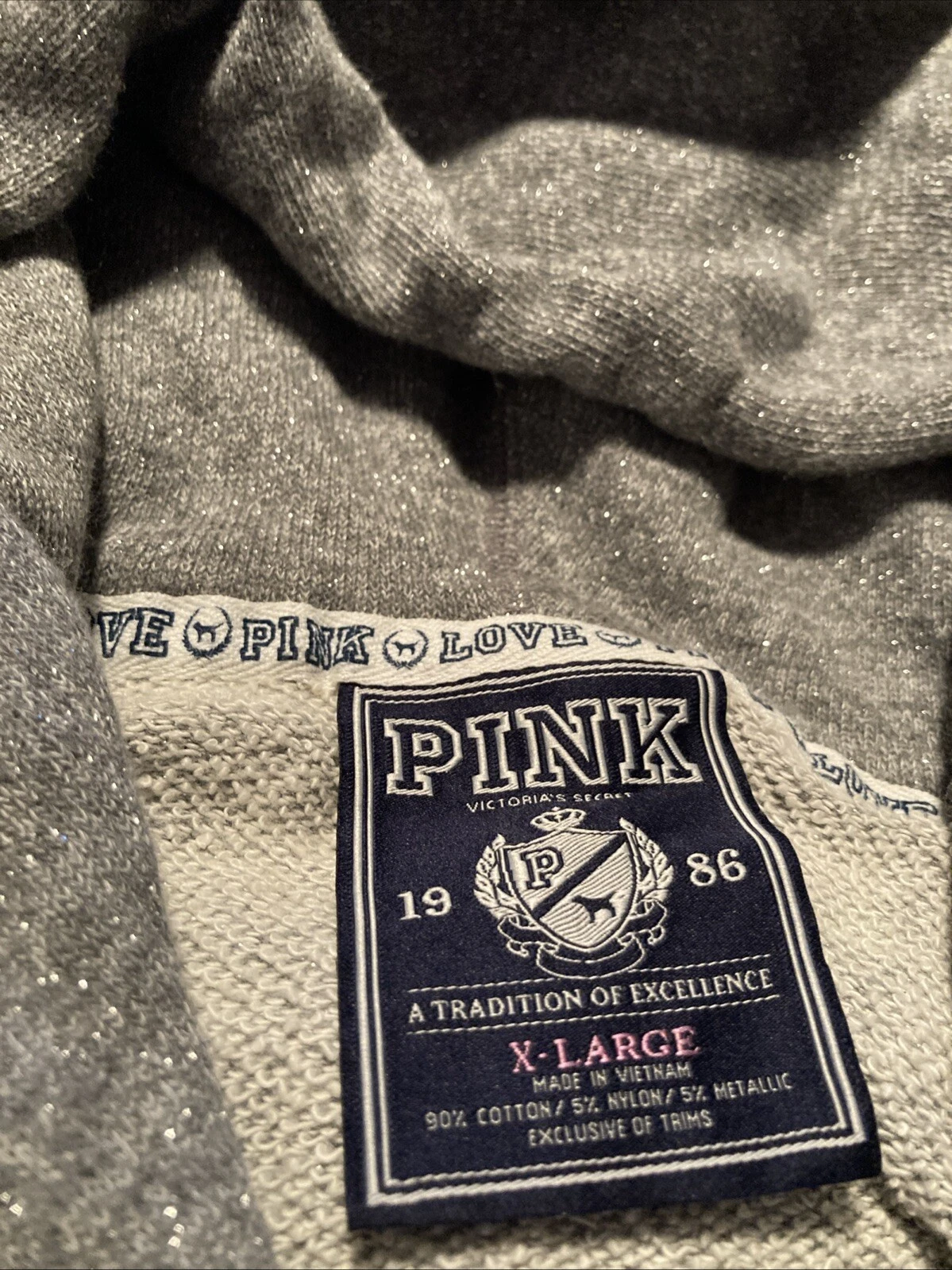 UNDERCOVER Giacca con cappuccio vintage ROSA Victoria’s Secret grigio metallizzato glitter senza abbracci XL