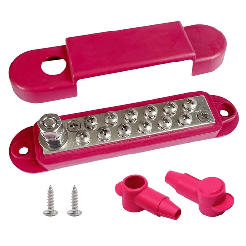 12 Terminals Bus Bar, Ampper 5.3" Nickle Plated Brass, Red 