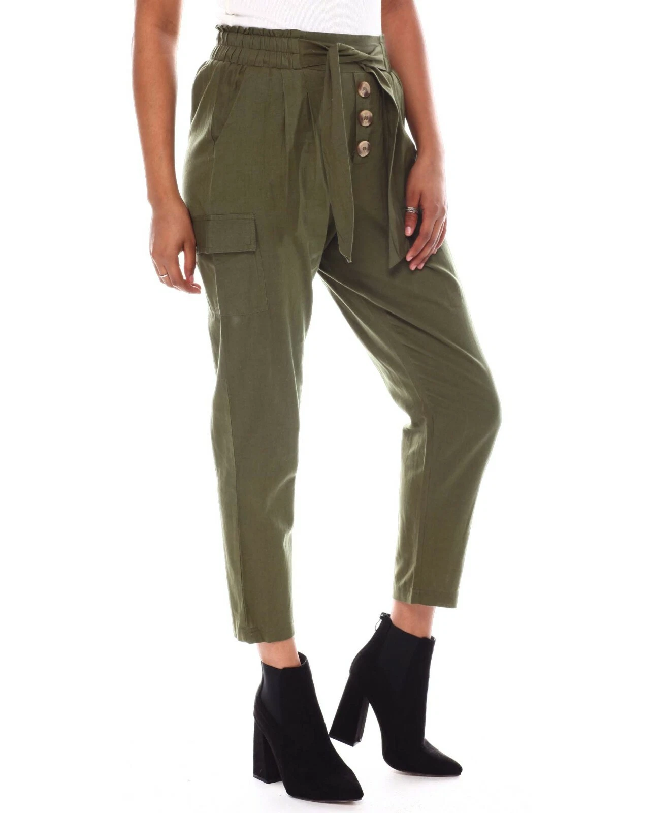 Women TiedWaistband Front Button Pants W/ Cargo Side Pocket Cool Cotton, Olive
