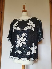 Frank Usher Vintage Black Silk Heavily Sequined Top, Floral Leaf Detail.  Size L