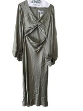 Shona Joy Dress Gown Size 6 Luxe Twist Balloon Sleeve Midi Msrp 320 gray/green