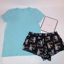 Victoria Secret Pajama Set Top & Bottom T Shirt Shorts Black Blue Floral Sleepwe