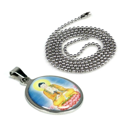 BUDDHA NECKLACE Stainless Steel Color Pendant 23" Ball Chain Buddhist Jewelry - Picture 3 of 4