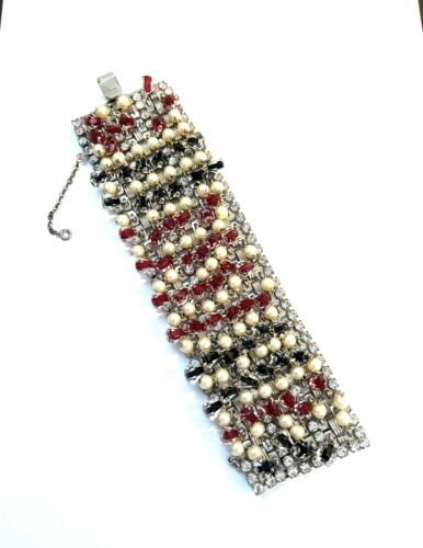 Hobe Bracelet Circa 1960s Dangling Pearls Red and 