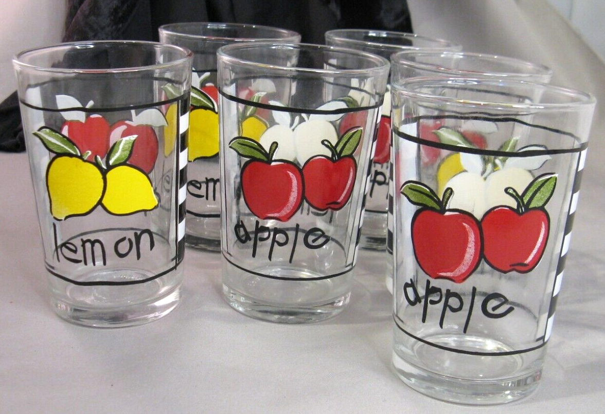 KIG Indonesia, Juice Glasses Apple & Lemon Fruit Checker Stripes, Lot 6