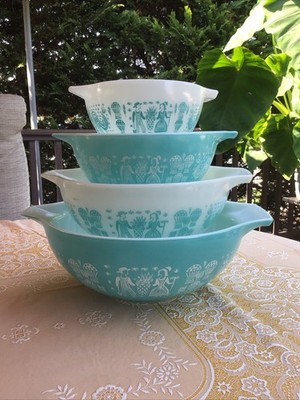 Vintage Set 4 Pyrex Amish Butterprint Cinderella Mixing Bowls Turquoise MINTY