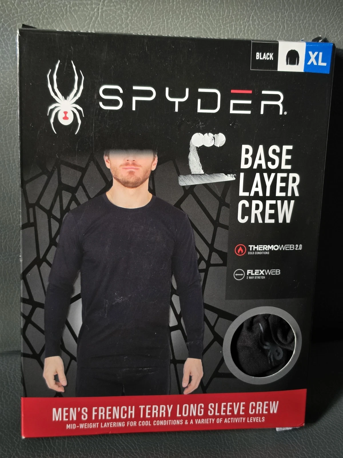 Spyder Men's Base Layer Crew French Terry Long Black Sleeve Size XL