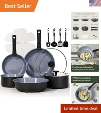 17PCS Ceramic Cookware Sets, Black and Gray, Pots and Pans Set Non Stick Non ...