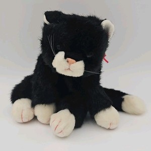 1997 TY Boots Tuxedo Black White Kitty Cat Plush With Red Ribbon Green Eyes