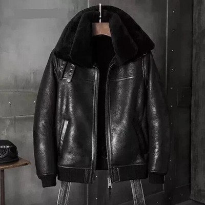 Men's Black B3 RAF Flight Bomber Aviator Sheepskin Shearling Real Leather Jacket