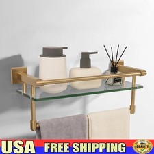 Tempered Glass Wall Mount Shelf W/ Stainless Steel Towel Bar Bathroom Storage US