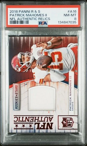 2018 PANINI ROOKIES & STARS NFL AUTHENTIC RELICS A16 PATRICK MAHOMES PSA 8