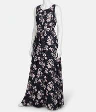 NY Collection Women's Black Pink Print Lined Floral Chiffon Maxi Dress Size XL