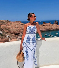 ZARA Blue & White Cotton Embroidered Midi Maxi Dress Size M Holiday 5107/259