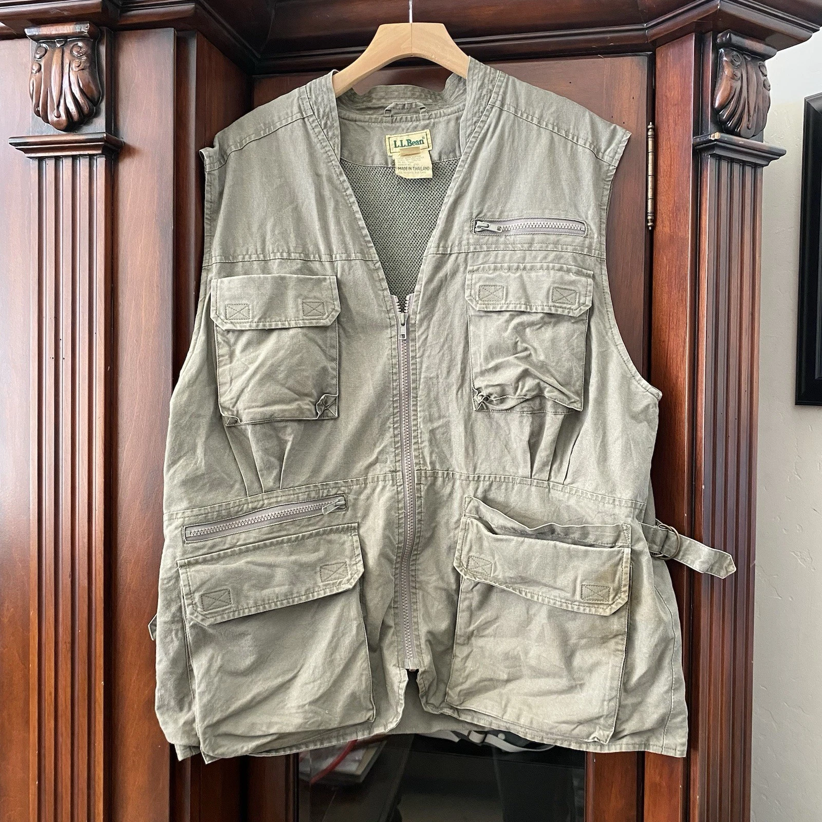 VTG LL Bean Vest Men L Olive Green Utility Fishing Safari Cargo Multi Pocket 90s