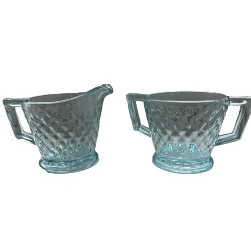 Vintage Imperial Quilted Diamond Style Depression Glass Creamer Sugar Bowl Blue