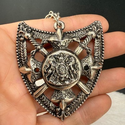 Vintage Estate Heraldic Shield Necklace Silver Tone Coat of Arms Sword Axe 17''