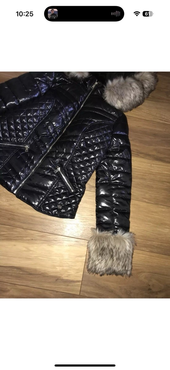 Size 10 River Island High Shine Puffer Jacket Coat Faux Fur Hood Cuffs “” View 4