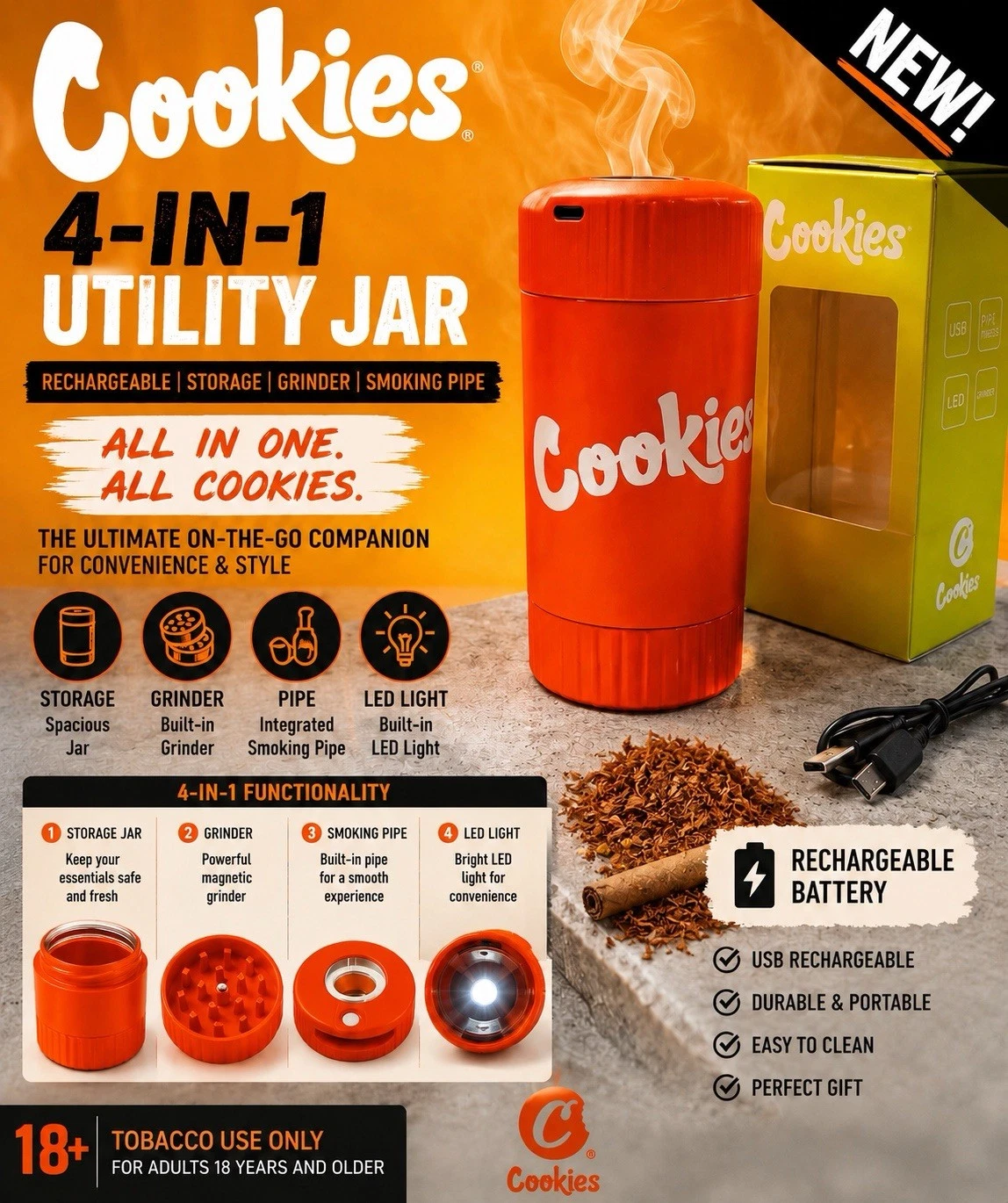 🔥Cookies 4-in-1 Utility Jar-Orange | Rechargeable Storage Grinder Set | New🔥