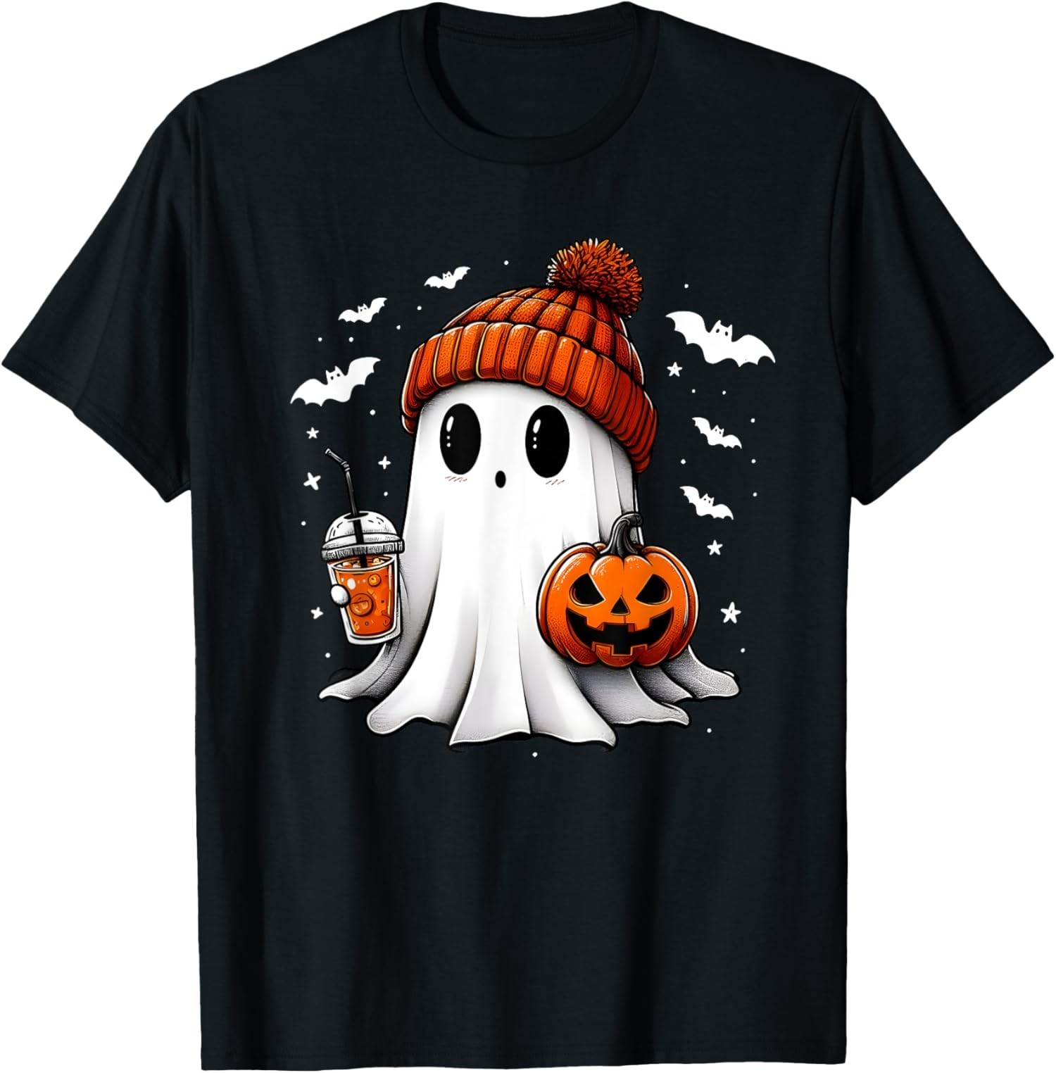 Cute Halloween Ghost Drink Pumpkin Halloween Design Unisex T-Shirt S- 5XL